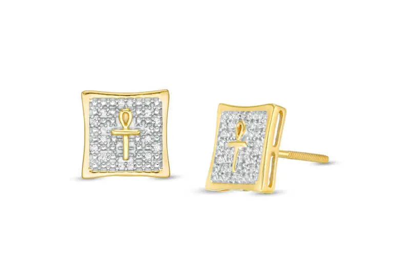 Diamond concave square with ankh stud earrings
