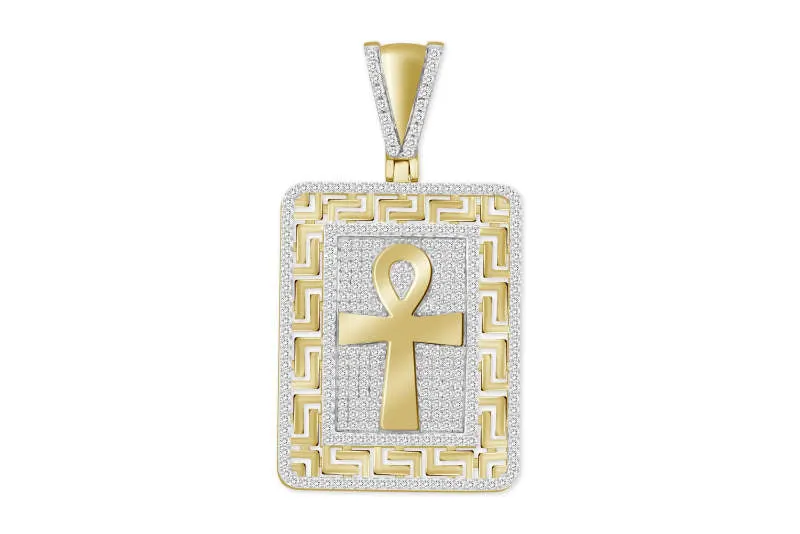 Mens diamond ankh cross greek key charm pendant